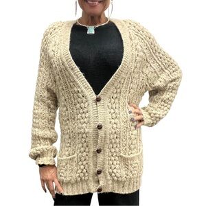 Rita Condern Hand Loomed Wool Fishermans Knit Cardigan Sweater Made In Ireland